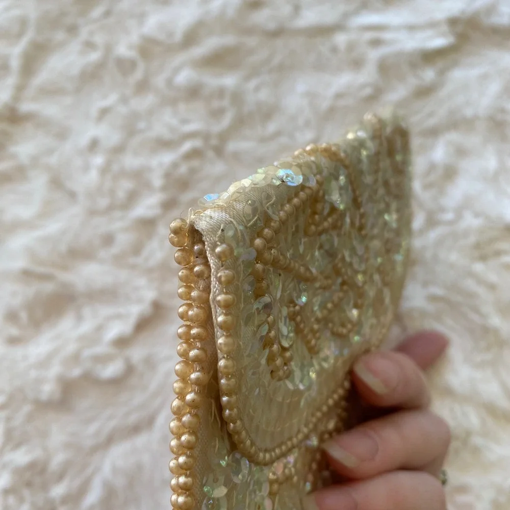 Vintage Miranda Clutch Cream Iridescent Sequin Faux Pearl Beaded Japan Retro